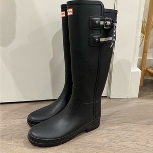 Hunter Tall Matte Black Boots with Grey and Black Straps